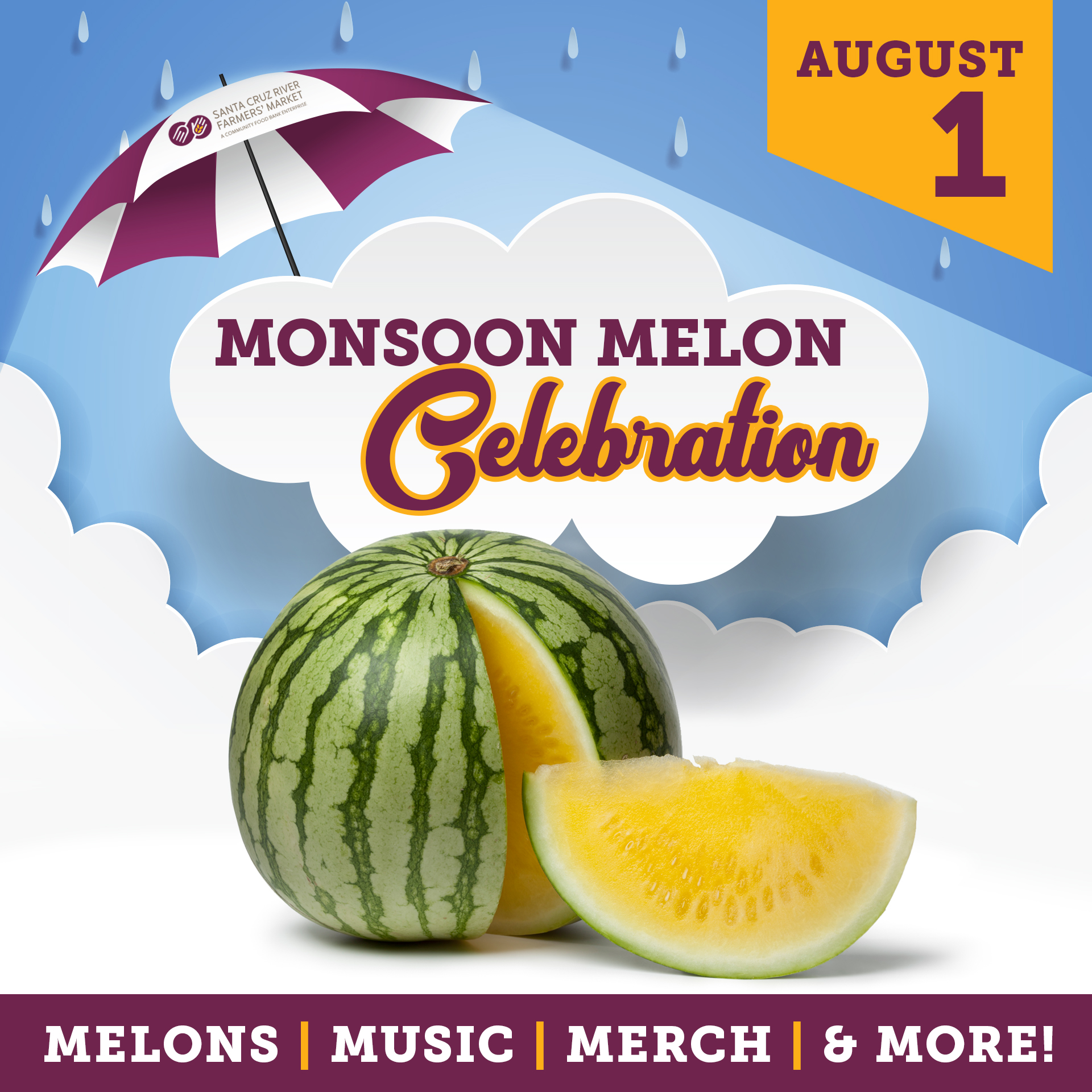 Monsoon melon celebration graphic of a yellow watermelon with a slice cut out.